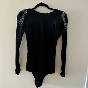 Zara Black Embellished Velvet Long-Sleeve Bodysuit